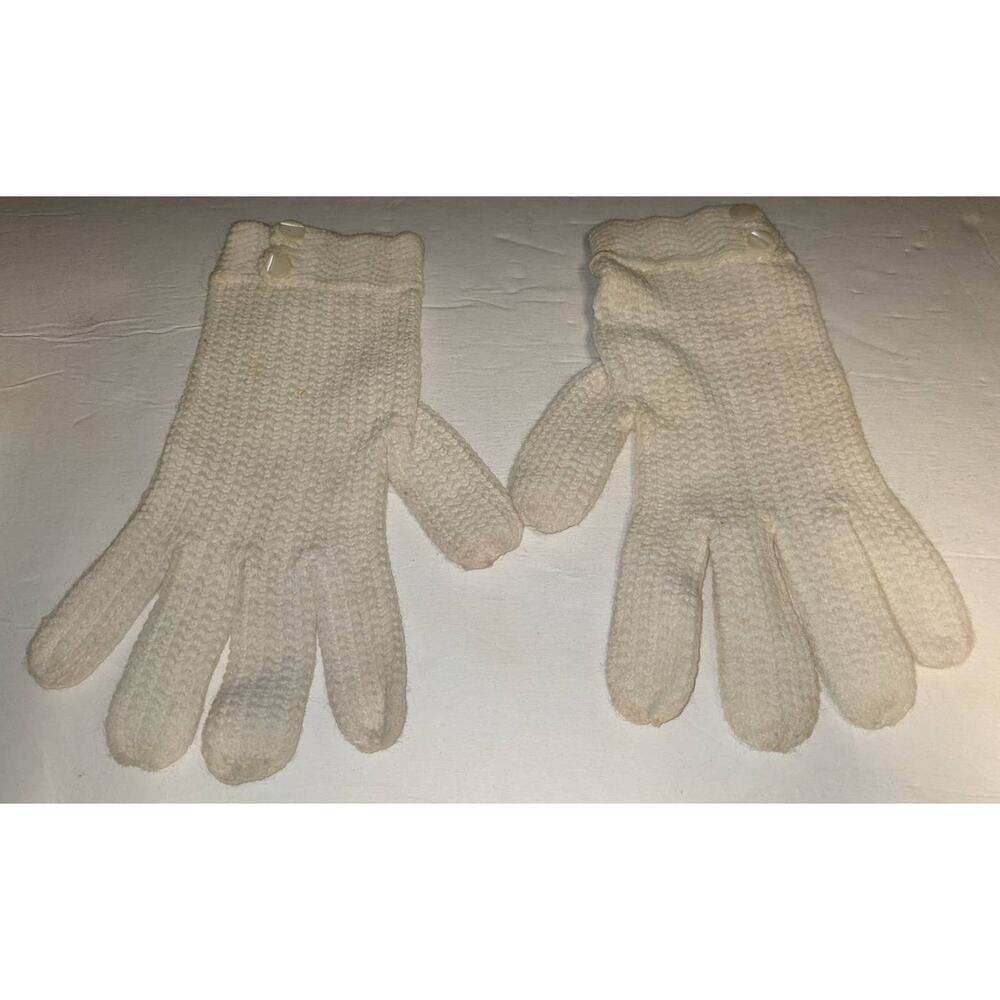 Lee Begman Vintage Knit Nylon Gloves Off White Abalone Button Wrist Accents